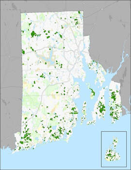 Map of state of Rhode Island with conservation land represented in green.